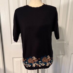 Vintage 90s Cape Cod Stylish Floral Black Knit Sweater Womens Size M Made USA